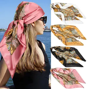 AWAYTR 4Pcs/Set 35” Large Square Cashews Printing Bandana Silky Smooth Multifunctional Head Scarves Neck Scarf for Women Fashionable Style Turban Hijab
