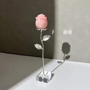 Genuine pink opal crystal Rose, carved into a beautiful rose shape with a metal Stem Elegant Gift Pack Decor Decorative Fruit Plants Ornaments Flower
