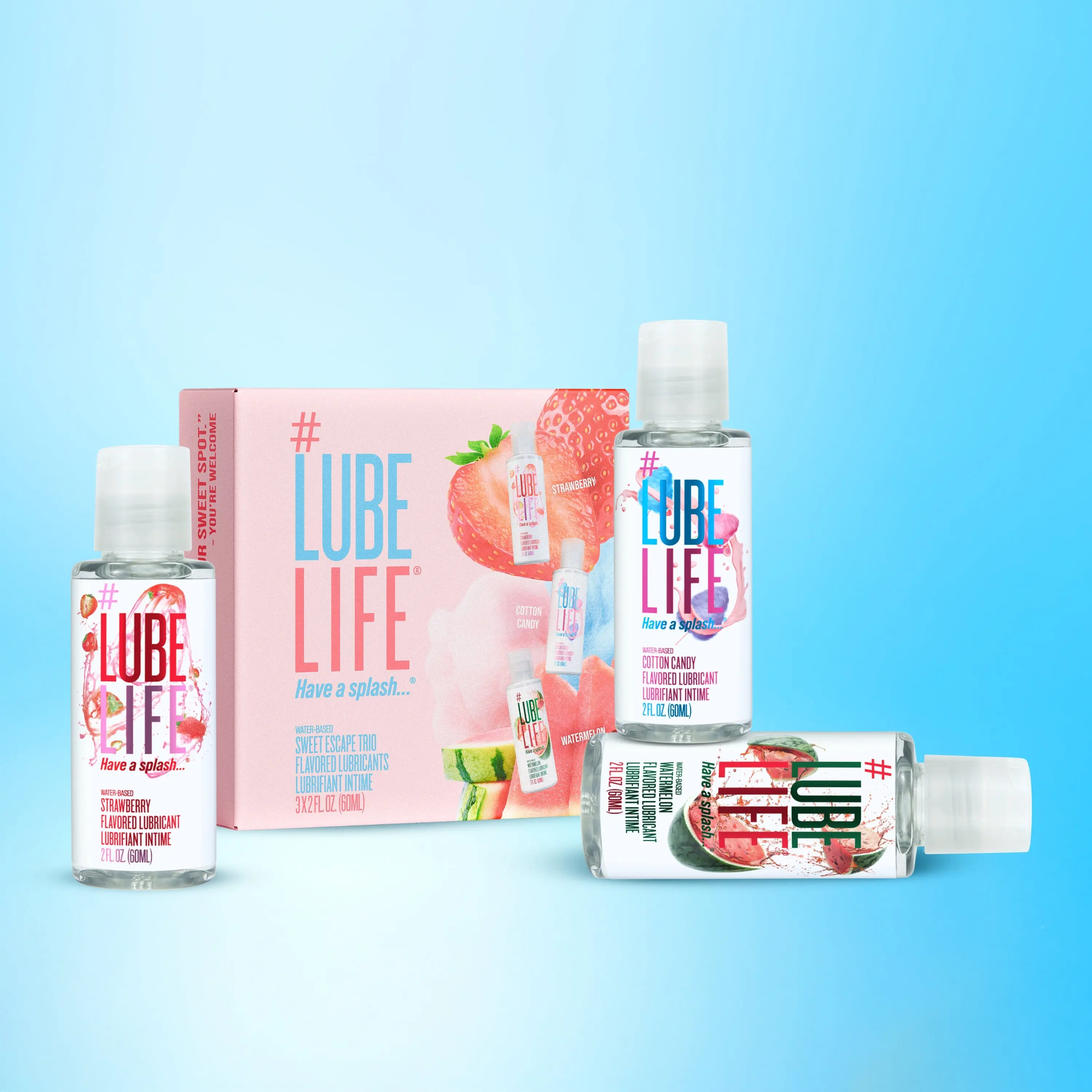 LubeLife - Sweet Escape Flavored Personal Lubricant Trio Set – Strawberry, Watermelon & Cotton Candy (3 Pack x 2 oz)