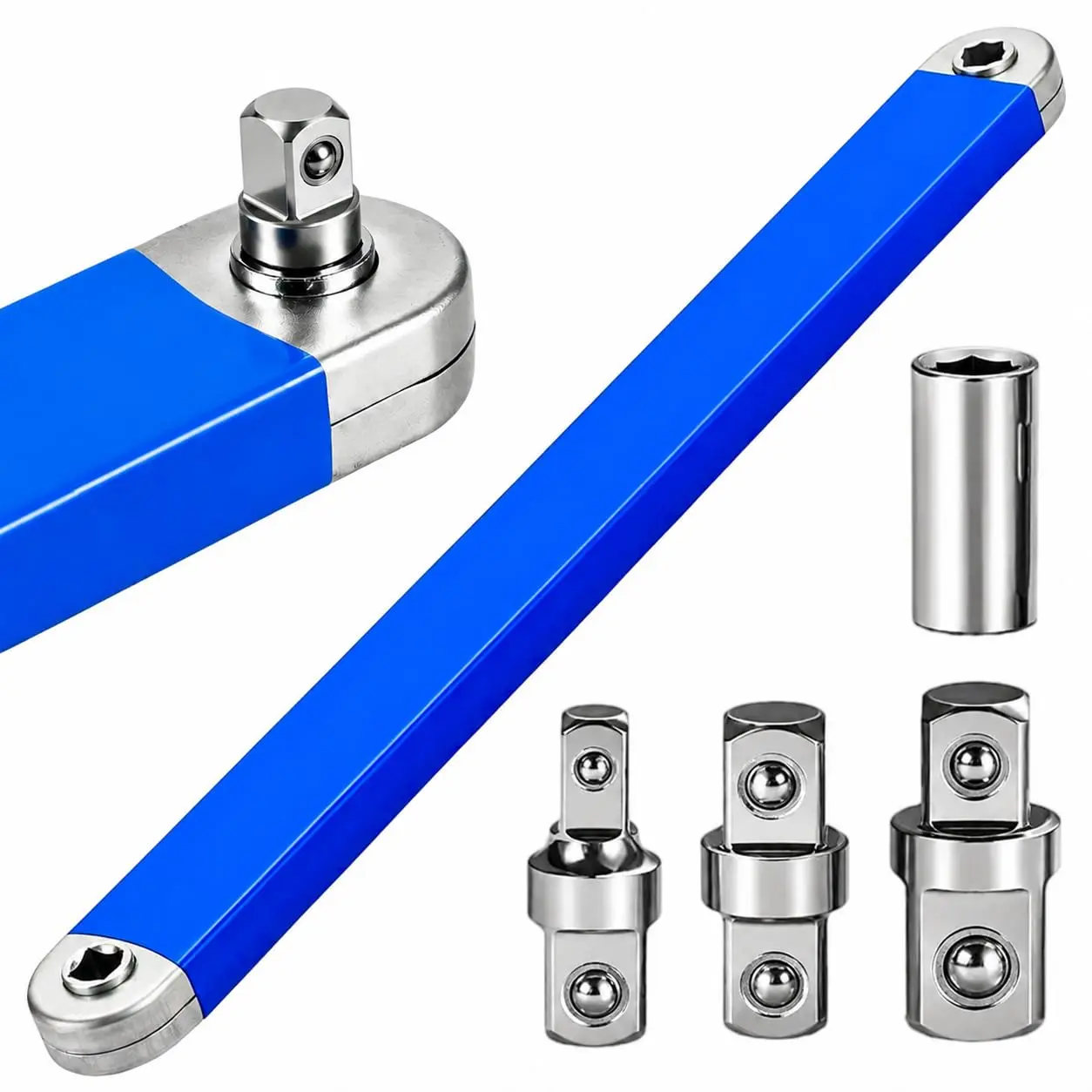 15" Offset Extension Wrench Set - 0-Degree Ratchet Extension Tool with 1/4", 3/8", 1/2" Drive Adapters