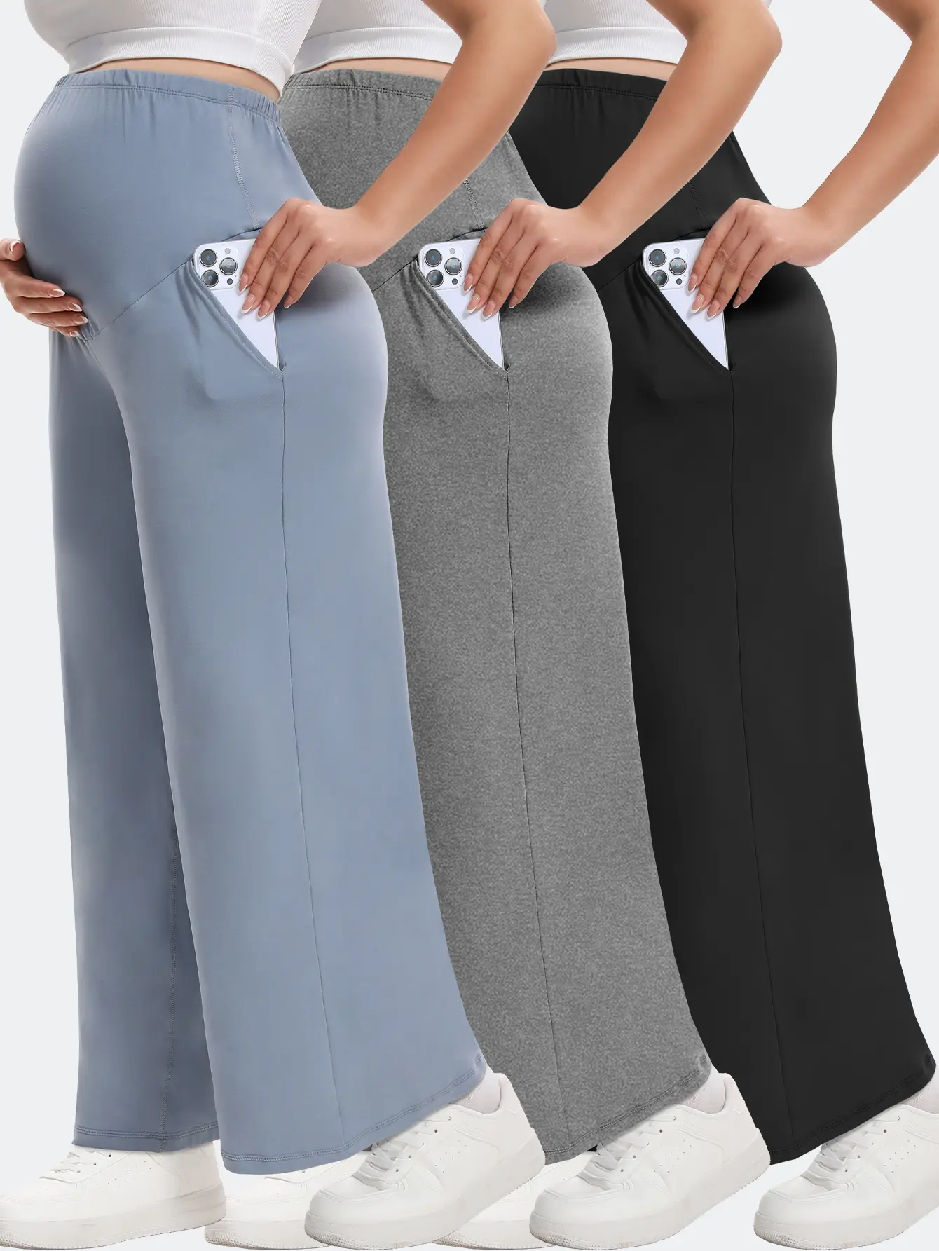 3-Piece Set of Loose-Fitting Maternity Pants: With Pockets, High-Waisted, Soft and Stretchy, Casual and Relaxed Fit, Perfect for Everyday Wear During Pregnancy