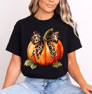 Pumpkin Cheetah Bow T-Shirt Dryblend T-Shirt Halloween Shirt GenX Fall Vibe Coquette Pumpkin Shirt Comfort Cotton Top Womenswear Collar Day