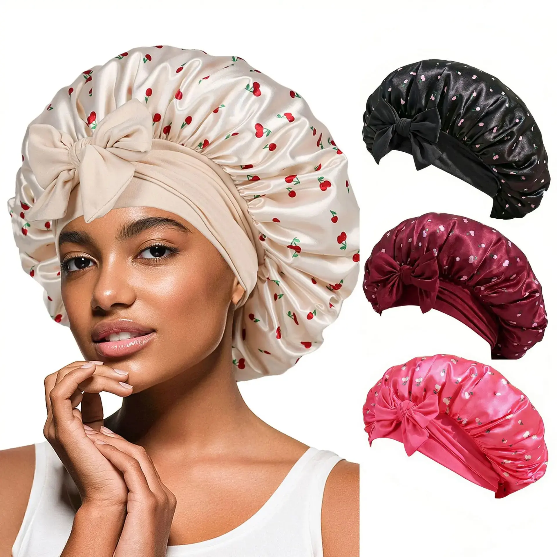 Cute Cherry Printed Satin Hair Bonnet Decorated with Matching Fabric Bow, Wide Stretch Elastic Headband Fits Most Head Sizes. Smooth Satin Locks in Hair Moisture, Prevents Frizz and Hair Breakage During Sleep