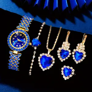 6pcs/set Women's Elegant Rhinestone Quartz Watch Blue Fashion Wrist Watch & Synthetic Gem Jewelry Set, Valentines Ramadan Eid Al-Adha Gift