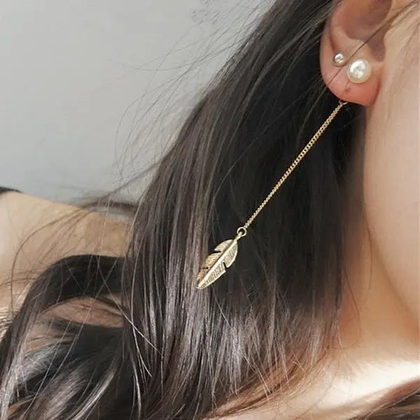 Gold Feather Drop Pearl Earrings