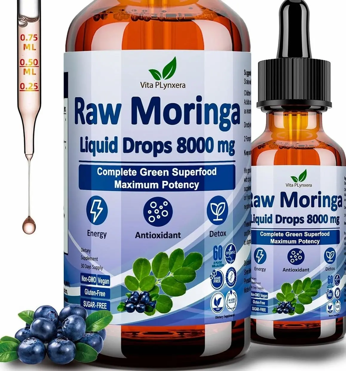 Raw Moringa Liquid Drops 8000 mg, Organic Moringa Oleifera Leaf Extract w. Supergreens Blend of Wheatgrass, Barley Grass for Antioxidant, Energy & Immune, High Potency Than Capsules Powder