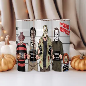 The Usual Suspects Horror Tumbler | Freddy, Jason, Chucky, Michael Myers & More | Mugshot Halloween Cup | 20oz Sublimated Metal Tumbler