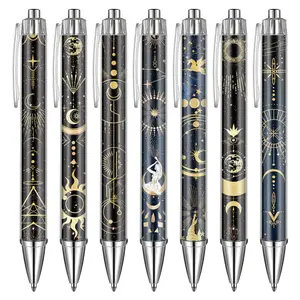 7/14PCS Starry Sky Astronomy Retractable Ballpoint Pen, Black & Gold Foil Pattern, Smooth Ink No Breakage, Student & Enthusiast Recording Pen, Office Stationery, Cosmic Gift Pen, Aesthetic Pens