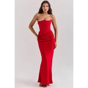 New red strapless corset sexy slim-fit fishtail long solid color dress for women, party dress, birthday dress, graduation dress