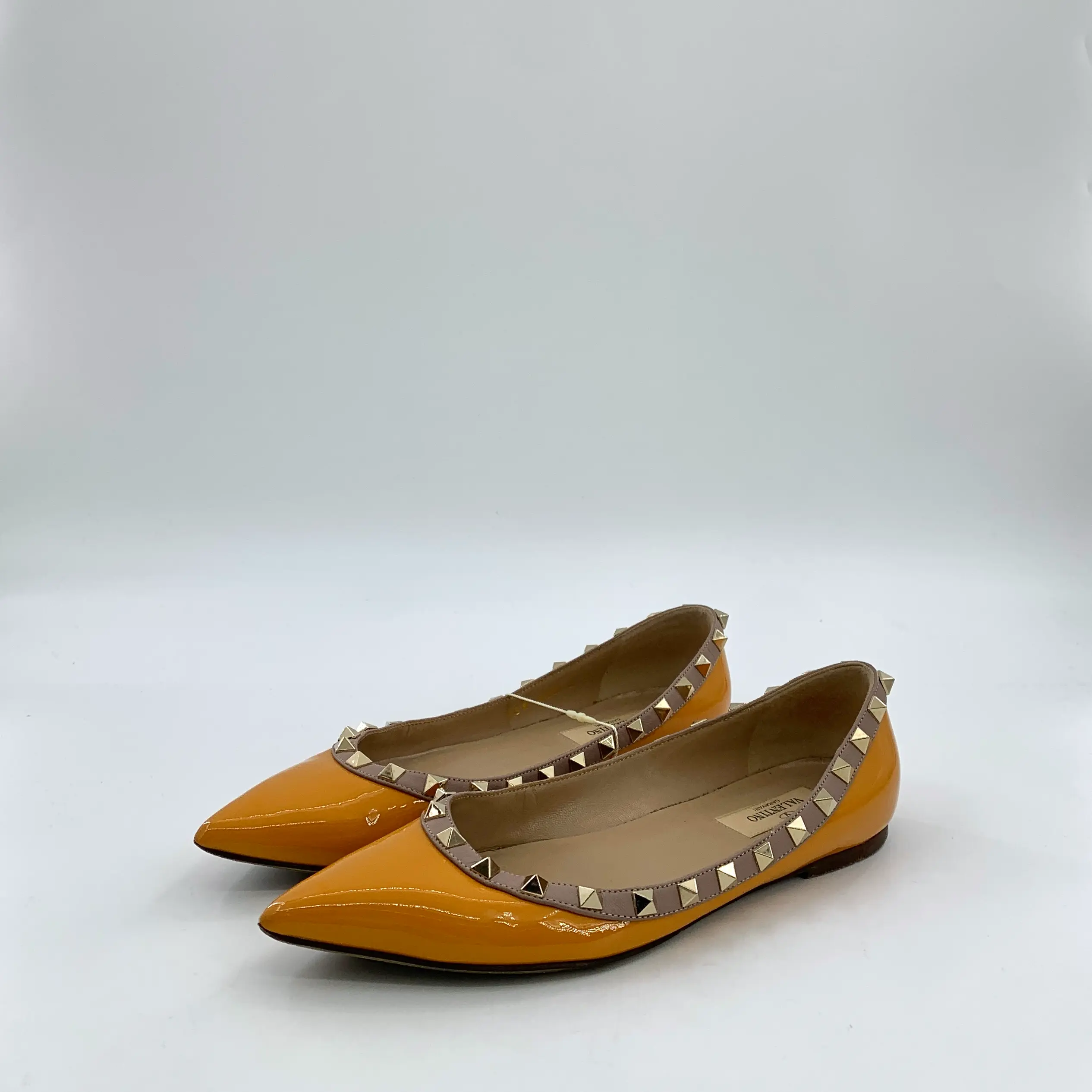 RDLT-Valentino Size 37 Orange Patent Rockstud Pointed Toe Flat Shoes-J37666