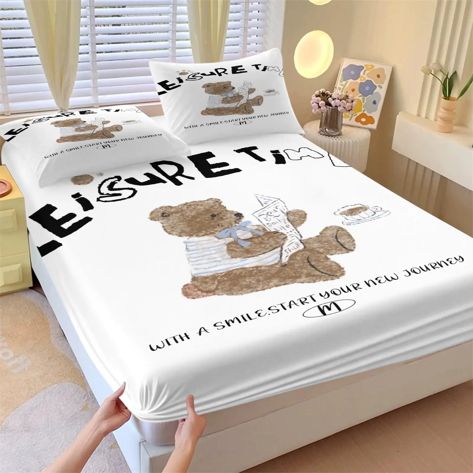 Cute teddy bear printed bed sheet, including 1 bed sheet and 2 pillowcases, anti slip dust cover suitable for bedrooms and guest rooms, suitable for personal use or gift giving