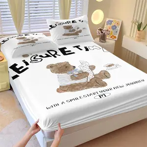 Cute teddy bear printed bed sheet, including 1 bed sheet and 2 pillowcases, anti slip dust cover suitable for bedrooms and guest rooms, suitable for personal use or gift giving