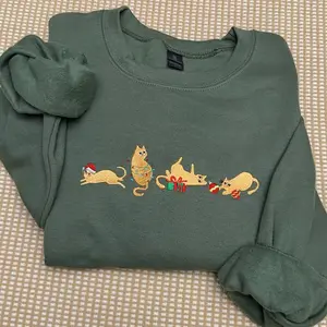 EMBROIDERED Orange Christmas Cats Sweatshirt - Meowy Christmas Cats Embroidered Unisex Sweatshirt Cats, Cats Gift sweatshirt, Christmas cats