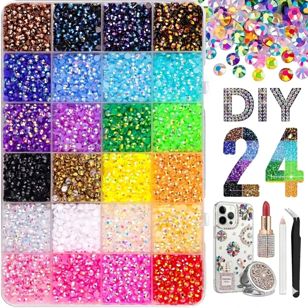 Bedazzling Glitter Kit with 30,000 Flatback Nail Rhinestones, 24 Colors 3mm Gems in Travel Size Box with Tools for DIY Crafts & Bling Decoration, Bling Rhinestone Decoration, Flatbacks