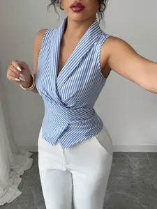 Women's Sleeveless V-Neck Elegant Striped Shirt with Tie Waist Bow, Stylish and Comfortable Top for Daily Wear, Perfect for Any Occasion
