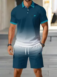 Gradient Color Men's Polo Shirt Short Sleeve, Summer Casual Beach, Fashion Striped Patchwork Top, Slim-Fitting Medium Length Tee