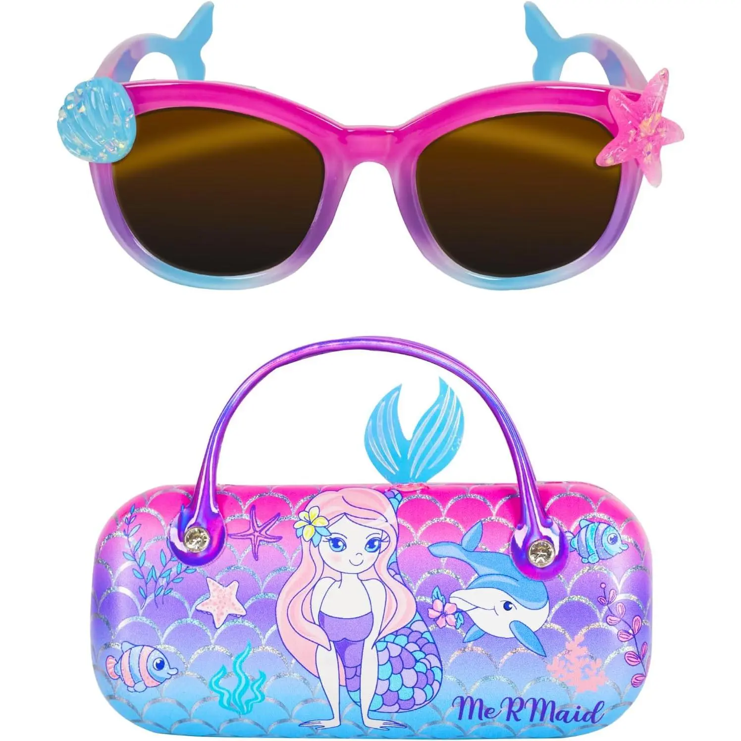 Girls' Retro Mermaid Motif Sunglasses, UV400 Shield Plastic Casual Frames with Sequined Case, Ages 3-8, Fashion Apparel for Beach, Birthday, Christmas