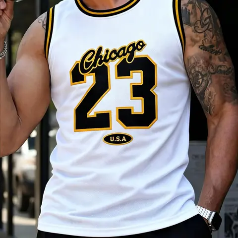 Men's Lightweight Embroidered Basketball Jersey, Regular-Fit Casual Sleeveless Round Neck Basketball Vest, Chicago #23 Sportswear, Men's Summer Clothes for Training Competition, Sports Gym Workout Tops, Sportswear Clothing
