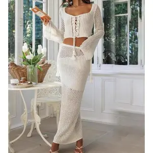 Women's Casual 2 Piece Outfit, Long Sleeve Cross Tie Front Knit Cropped Top + Long Skirt Set Lounge Wear Machine Washable Striped Floral