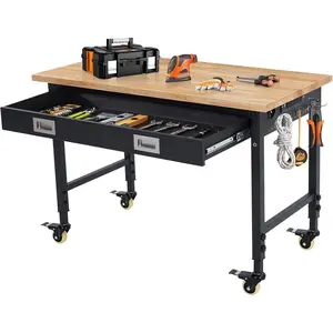 GARVEE Garage Workbench 48 x 24 Inches with Wheels, Adjustable Rubberwood Workbench with Power Outlet, 2000 lbs Load Capacity for Workshop, Carpentry, Office