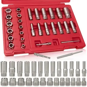 3/8" Drive Stripped Lug Nut Remover (28Pcs): Red Easy Out Extractor Socket Set for Tough, Rusted Bolts omt  ball  joint  press  kit
