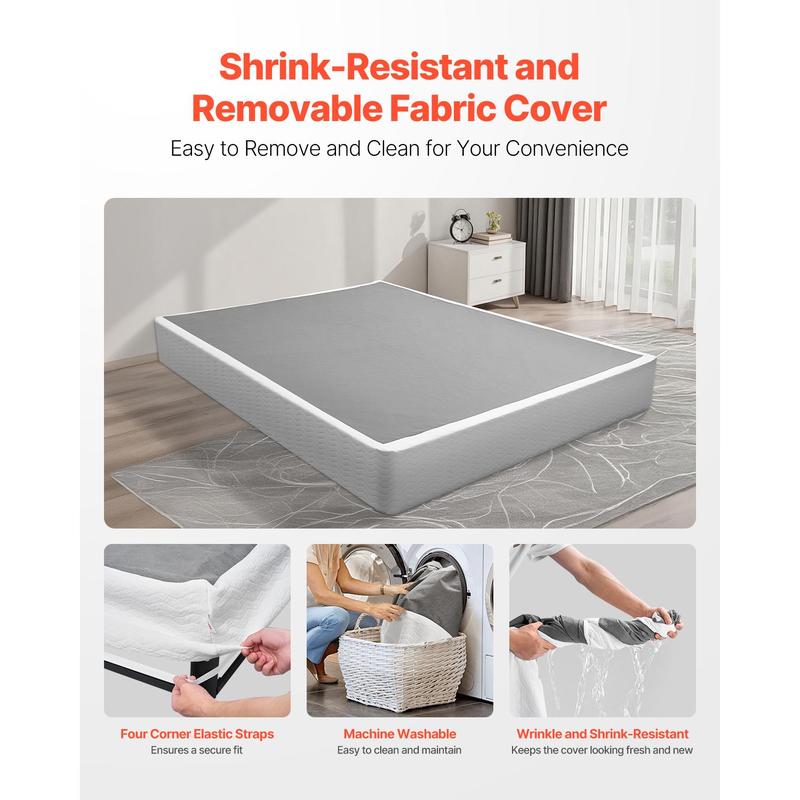 VEVOR Box Spring, Queen Size Bed Frame with Washable Fabric Cloth, Heavy Duty Metal Frame for Queen Bed, 9 in Mattress Foundation, 3500 lbs Max Weight Capacity, Easy Assembly, 79.1L x 59.6W x 9.1H in