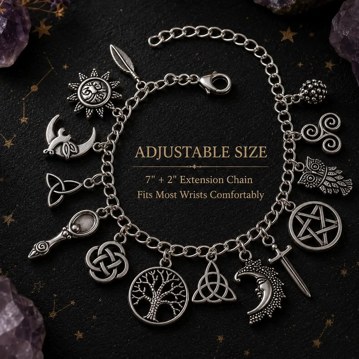 Vintage Witchy Charm Bracelet for Women, Silver Tone Wiccan Bracelet with Pentagram, Moon, Owl, Broom and Mystical Charms, Gothic Pagan Jewelry Gift