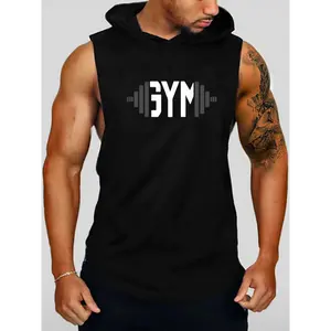 Dumbbell Print Drawstring Sleeveless Hoodie, Men's Casual Stretch Hooded Tank Top For Spring Summer  Black Fabric  Knit Menswear Collar Polyester Sweatshirts Pullover Activewear Athletic Sport Sportswear