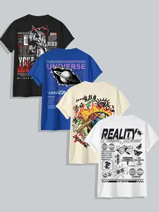 Men's 4pcs Regular Fit Cartoon Letter Print Short Sleeve Tee, Casual Graphic Round Neck T-shirt for Summer, National Day Clothing, Fashion Men's Top for Daily Wear, Casual Streetwear Top