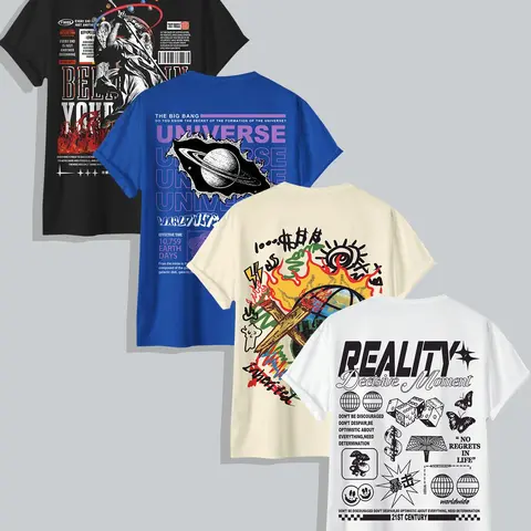Men's 4pcs Regular Fit Cartoon Letter Print Short Sleeve Tee, Casual Graphic Round Neck T-shirt for Summer, National Day Clothing, Fashion Men's Top for Daily Wear, Casual Streetwear Top