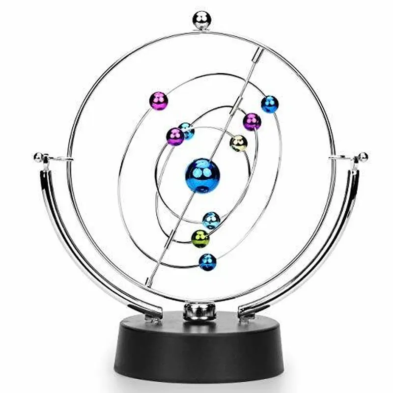 Kinetic Perpetual Motion Galaxy Desk Toy - 10in Tall, 9in Wide Metal-Plastic Outer Space Gadget with Flipping & Rotating Function, Unisex Science Toy for Office, Home Decoration (12+ Years, Requires 9V Battery)