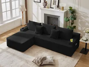 106" Cloud Sectional Couch, Modular Sectional Sofa with L-Shape Chaise, Corduroy Boneless Couch with Deep Seat, Upholstered Sofa for Living Room, No Assembly Required(Right-Facing Chaise, Black)