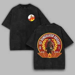 ARC Raiders 1st Bungulator Brigade T-Shirt, Military Insignia Combat Graphic Tee, Washed Black Streetwear Top for Tactical Sci Fi Gamer Fans