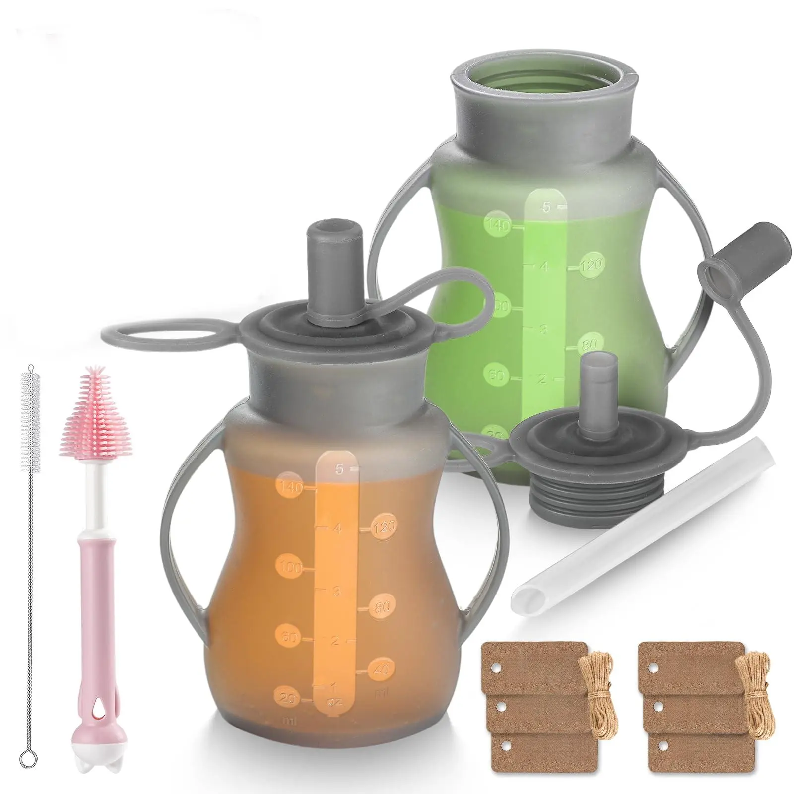 Reusable Food Pouches With Straws For  2 Pack Silicone Squeeze Refillable Leakproof Dishwasher & Freezer Safe Homemade Puree (grey)