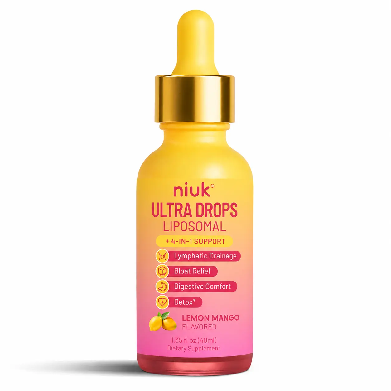 Niuk Cutting Drops – Lymphatic-Focused Debloat Formula with Dandelion, Cleavers, Burdock & Elderberry for Lymphatic Drainage, Bloat Relief, Digestive Comfort and Detox – Lemon Mango Flavor, 40 Servings