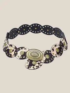 Women's Wide Belt Boho Style Leather Vintage Copper Rivet Western Faux Fur Cowhide Pattern Casual Formal Fashion Accessory