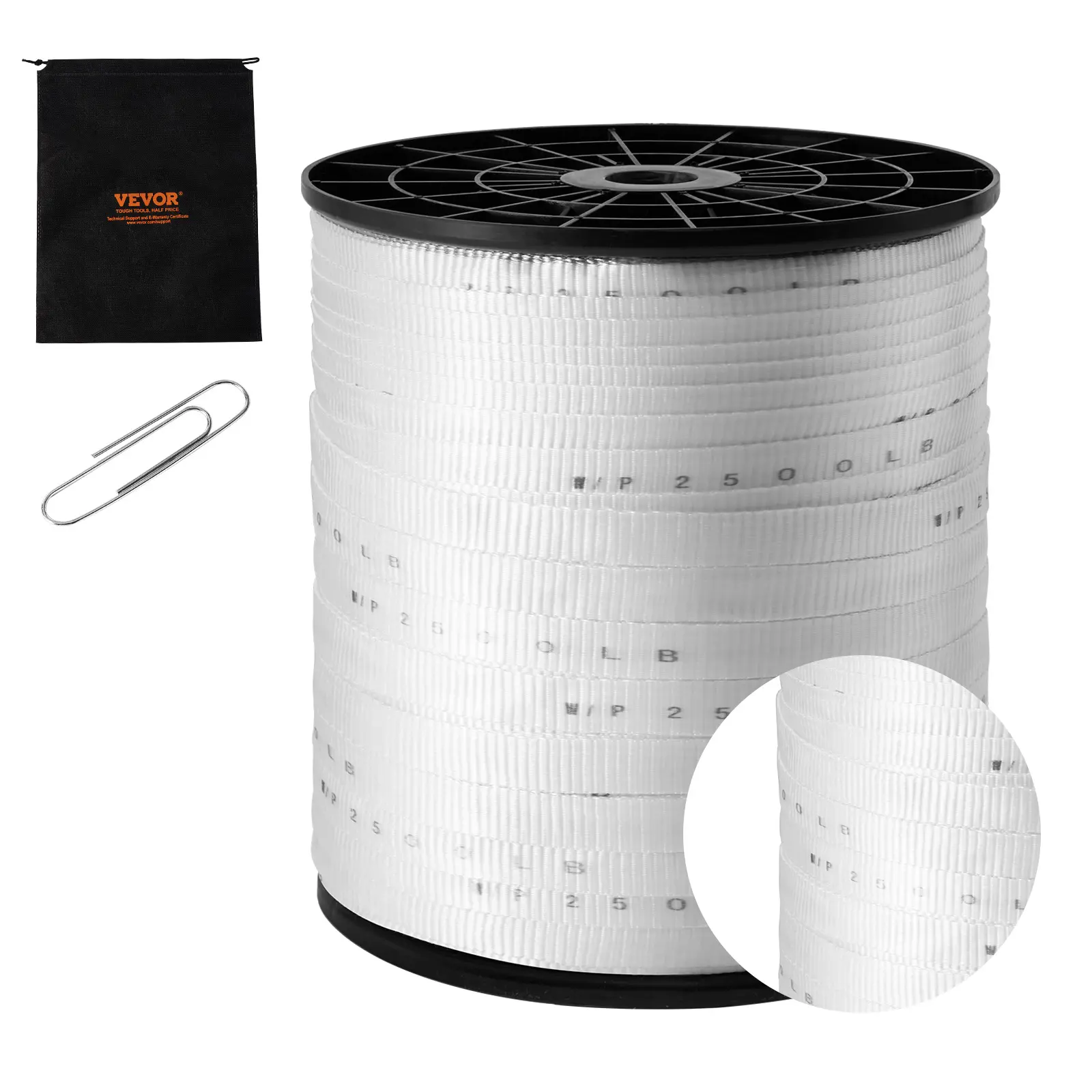 VEVOR 100% Polyester Pull Tape, 3/4" x 1053 ft 5% Extra-Long Spool Mule Tape Flat Rope, 2500 lbf High Strength Tensile Capacity, Printed Webbing with Convenient Accessories for Commercial Electrical, Conduit Work, White