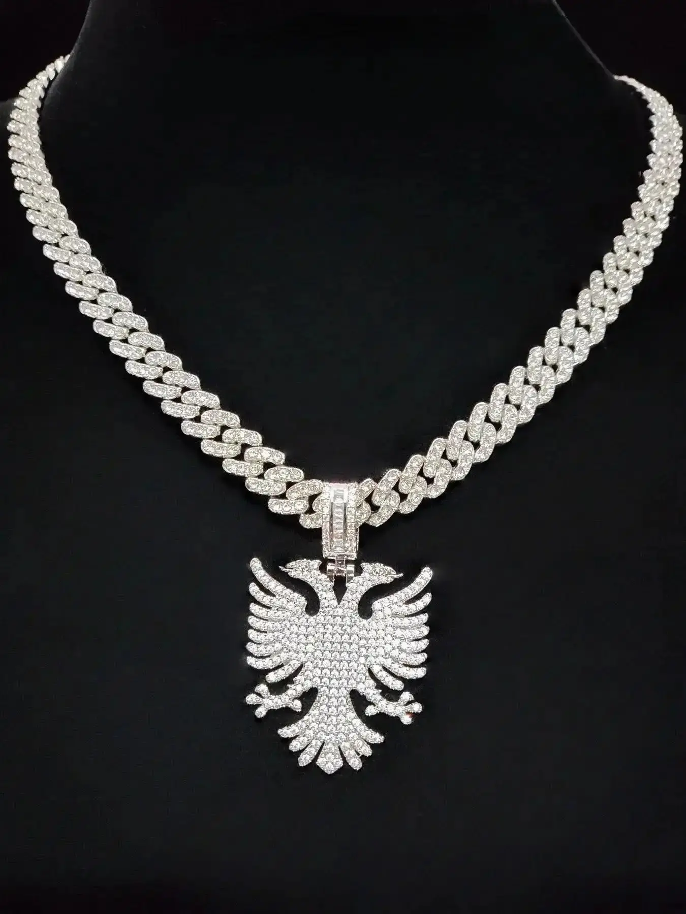 1Pieces Albanian Eagle Shaped Pendant and a 9mm Glass Rhinestone Cuban Chain Men Women Hip Hop Punk Pendant Necklace Iced Out Bling Bling Jewelry Cuban Link Necklace Rhinestone Decorated Necklace