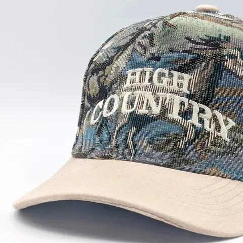 High Country Jacquard Premium Snapback Hat - Adjustable, Embroidered, Casual Outdoor Hat with Bone White Embroidered Lettering, Brown Suede-Rich Detail, 203x152x152 mm