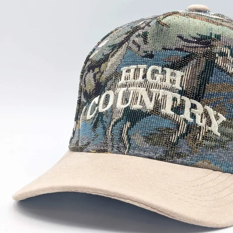 High Country Jacquard Premium Snapback Hat - Adjustable, Embroidered, Casual Outdoor Hat with Bone White Embroidered Lettering, Brown Suede-Rich Detail, 203x152x152 mm
