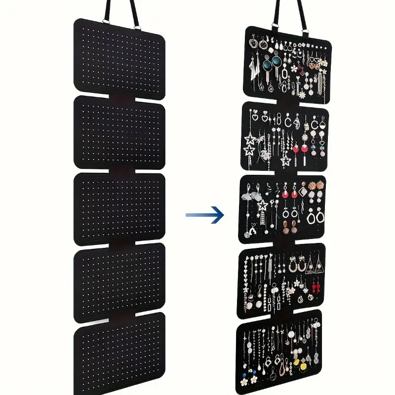 1 black felt jewelry storage box, 5-tier hanging storage pouch, large-capacity foldable earring display stand, earring, necklace, and bracelet holder, multifunctional with a hanging cord