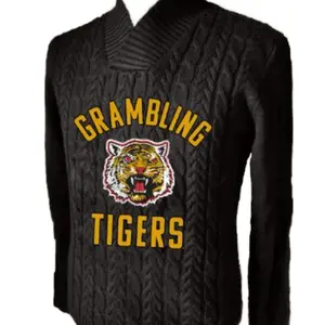 Grambling Tigers V Neck Cable Knitted Sweater - Black with Bold Team Logo and Tiger Emblem