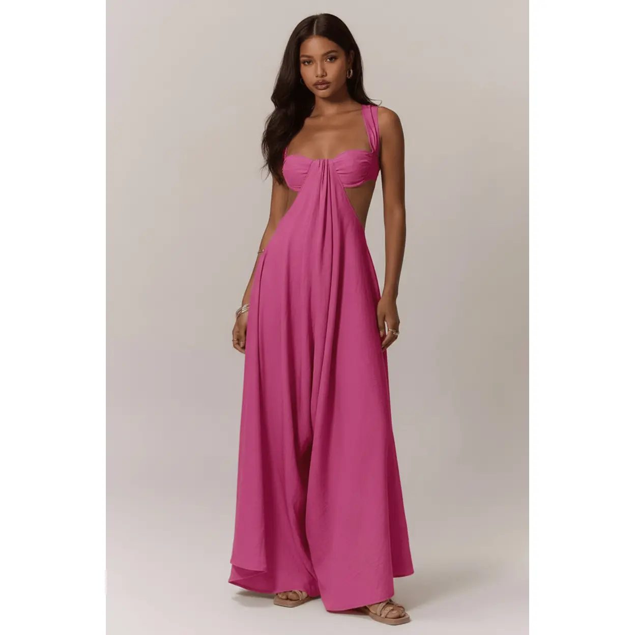 Fuchsia Cutout Bustier Wide-Leg Maxi Jumpsuit