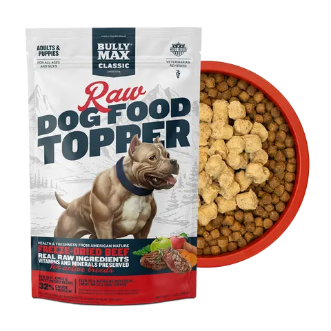 Bully Max Freeze-Dried Raw Real Beef Dog Food Toppers - 1 Bag, High-Protein Vitamin Treats with Liver, Healthy Fats, Chia Seeds, Sunflower Seeds, Fruits, Niacin, Taurine, Free from Corn for 12-Month+ Lean Muscle Growth