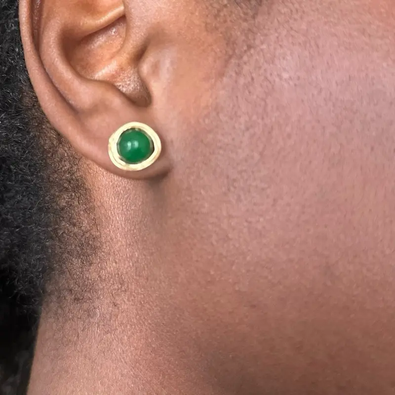 Gold Hand-Wrapped Jade Stud Earrings - Elegant Design with Green Jade Accent and Secure Fit