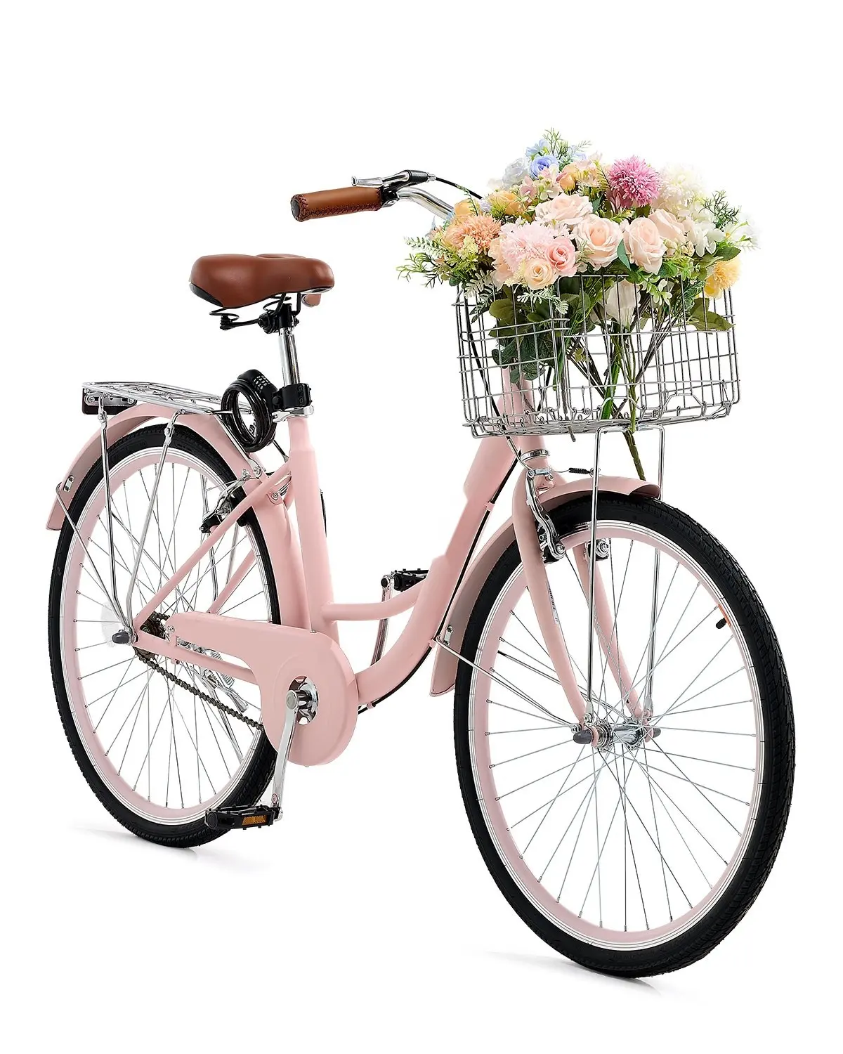 26-Inch Pink Cruiser Bike, One-Speed Beach Cruiser With Basket, Classic Steel Frame, Comfortable Padded Saddle, Alloy Wheels, Front And Rear Basket Options, Easy-Ride Urban And Beach Path Cruiser For Adults, Vintage Style