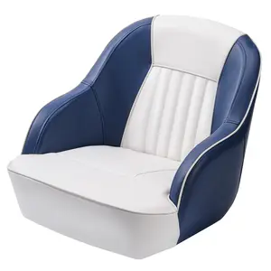 White & Blue Piping Pontoon Boat Captain Chair, Heavy Duty Captain's Bucket Seat with Ergonomic Backrest & Thick Compression Foam,