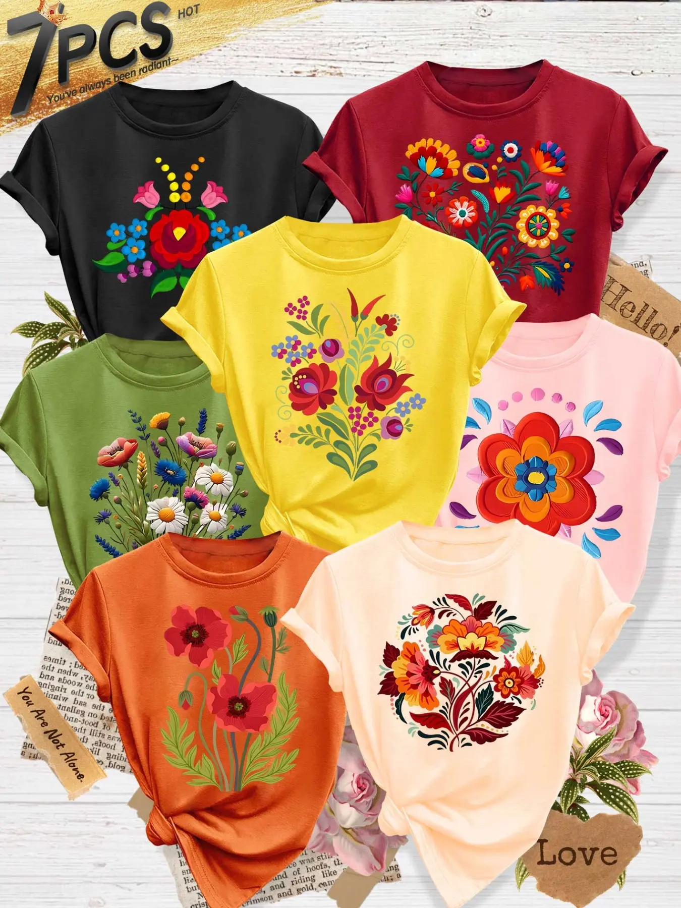 Women's 7-Pack Casual Short-Sleeve Crew Neck T-Shirt, Vibrant Folk Floral Print, Multiple Colors Available, Machine Washable, Spring & Summer Top, Soft Skin-Friendly Fabric, Daily Versatile, Fashion Design, Womenswear