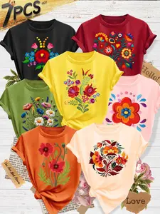 Women's 7-Pack Casual Short-Sleeve Crew Neck T-Shirt, Vibrant Folk Floral Print, Multiple Colors Available, Machine Washable, Spring & Summer Top, Soft Skin-Friendly Fabric, Daily Versatile, Fashion Design, Womenswear