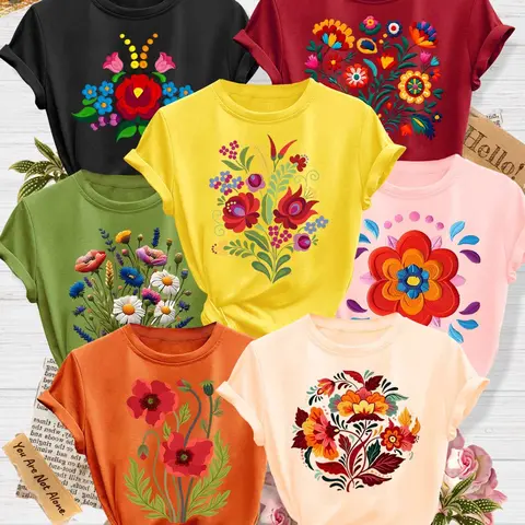 Women's 7-Pack Casual Short-Sleeve Crew Neck T-Shirts Round Neck, Vibrant Folk Floral Print, Multiple Colors Available, Machine Washable, Summer Tops for Daily Wear, Soft Skin-Friendly Fabric, Fashion Versatile Womenswear, Casual Tee